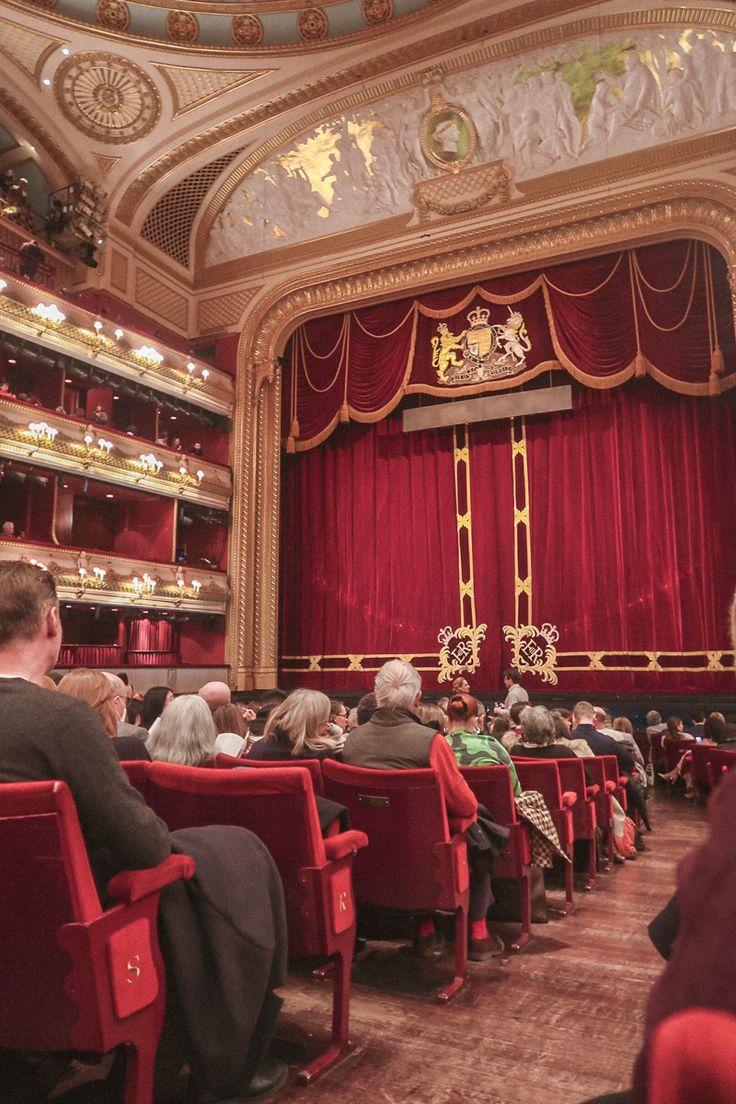 an auditorium filled with people sitting in red chairs and looking at the stage from behind them