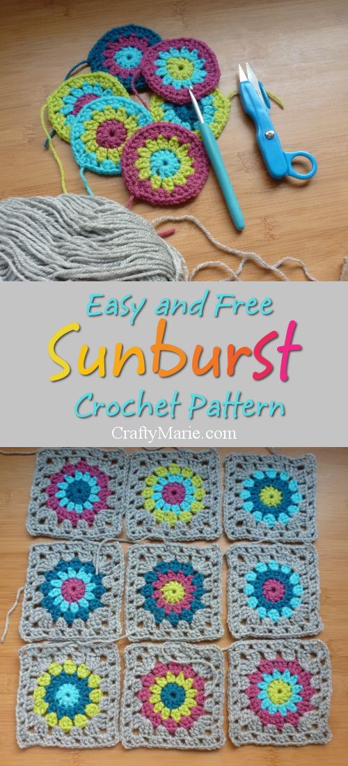 the sunburst crochet pattern is shown with scissors and yarn