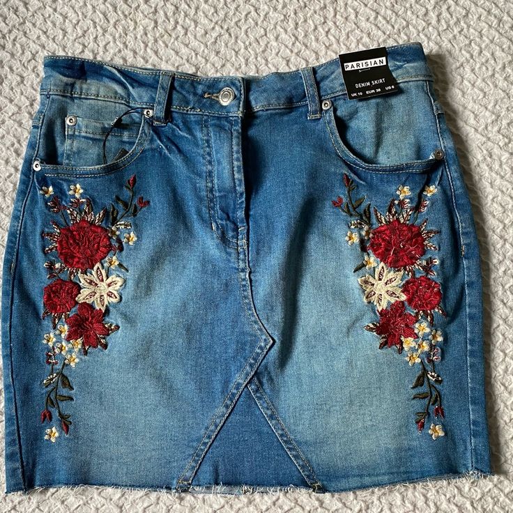 Nwt, Floral Embroidered, Denim Skirt Floral Embroidered Cotton Denim Skirt, Casual Denim Skirt With Floral Embroidery, Spring Embroidered Denim Skirt, Embroidered Denim Skirt For Spring, Casual Embroidered Denim Blue Skirt, Denim Skirt With Floral Embroidery, Embroidered Fitted Denim Skirt, Casual Embroidered Fitted Denim Skirt, Embroidered Fitted Denim Skirt, Casual Style