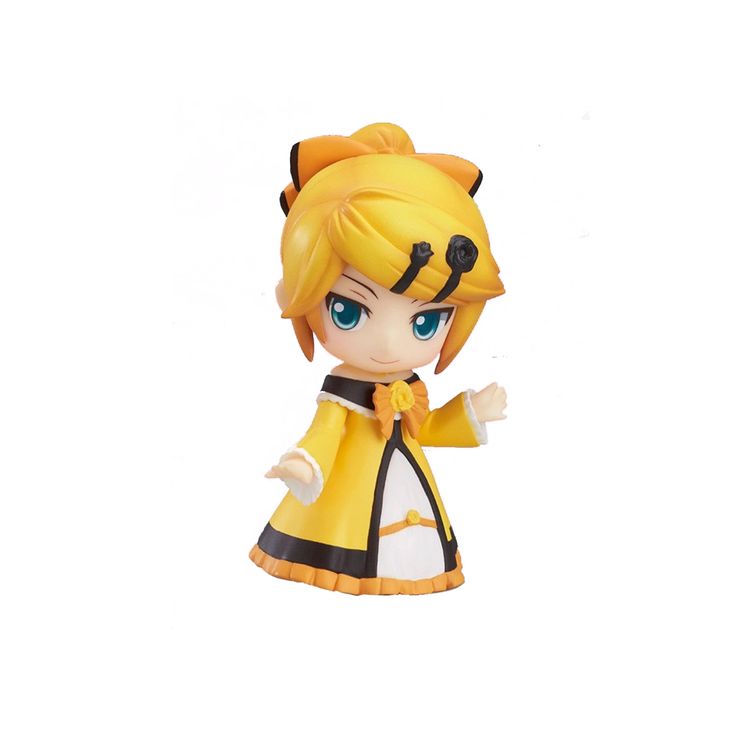 a figurine is shown with blue eyes and an orange hair, wearing a yellow dress