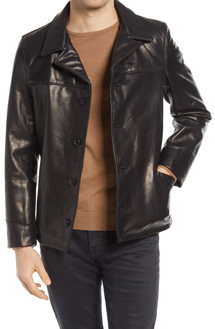 A supple, cowhide leather car coat is a versatile piece of refined yet rugged outerwear you'll reach for all season. 27" length Four-button closure Notched collar and lapels Side welt pockets Lined Leather Professional leather clean Made in the USA of imported fabric Men's Clothing Real Leather Jacket, Car Coat, Genuine Leather Jackets, Maternity Shops, Leather Biker Jacket, Designer Clothes For Men, Notched Collar, Leather Jacket Men, Toddler Girl Outfits