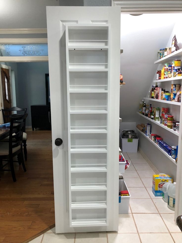 an open pantry door in a small kitchen