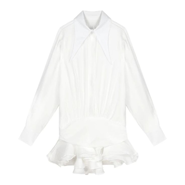 45113342198005|45113342230773|45113342263541 Feminine Long Sleeve Pleated Mini Dress, Long Sleeve White Feminine Mini Dress, White Long Sleeve Feminine Mini Dress, Feminine White Pleated Mini Dress, White Collared Party Dress, White Collared Mini Dress For Party, White Long Sleeve Pleated Dress, Fitted Ruffle Shirt Dress For Spring, Fitted Ruffled Shirt Dress For Spring