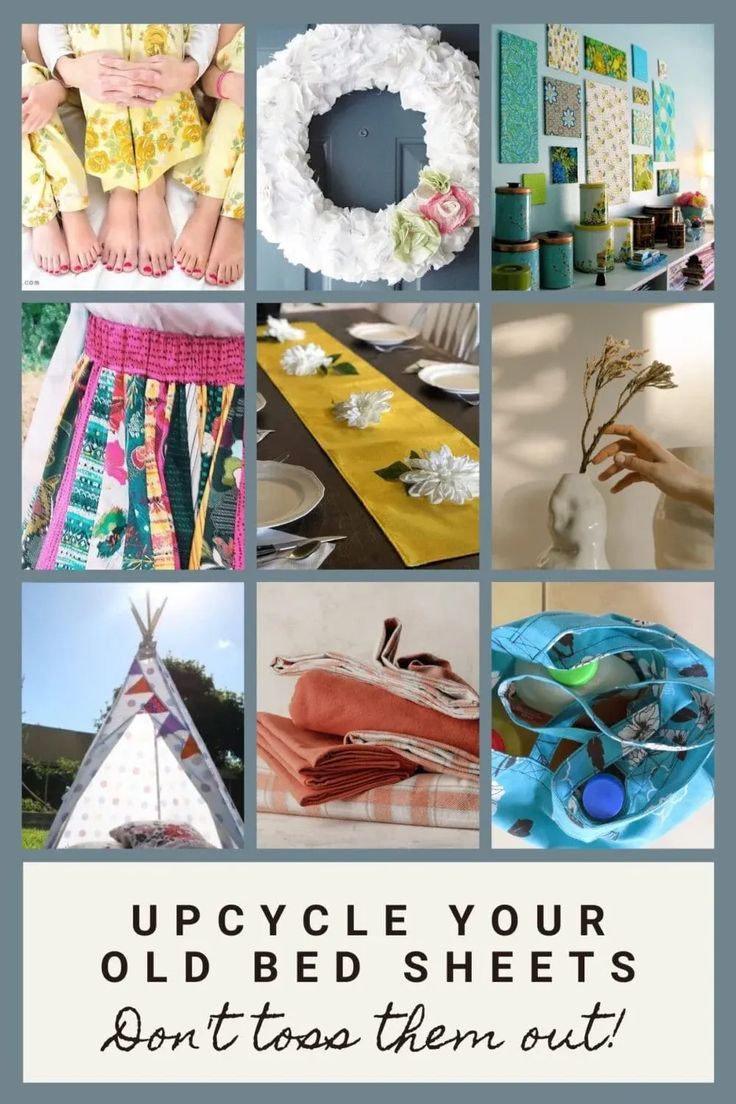 an advertisement for old bed sheets with pictures of different things on it and the words, upcycle your oldbed sheets don't toss them out