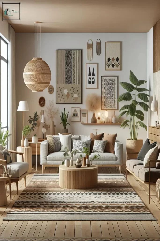 a living room filled with furniture and lots of plants on the wall next to windows