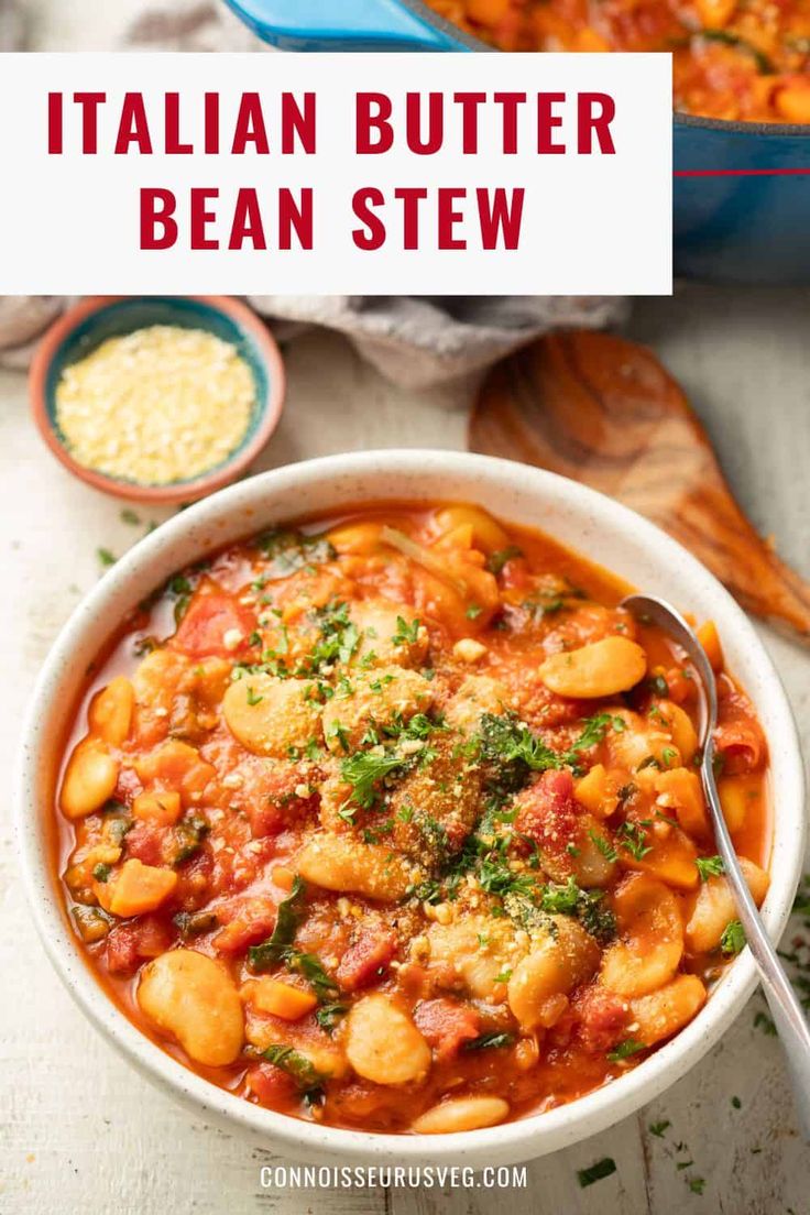 a white bowl filled with pasta and beans next to two bowls full of other food