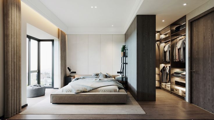 a bedroom with a large bed and lots of closet space next to the window that looks out onto the city