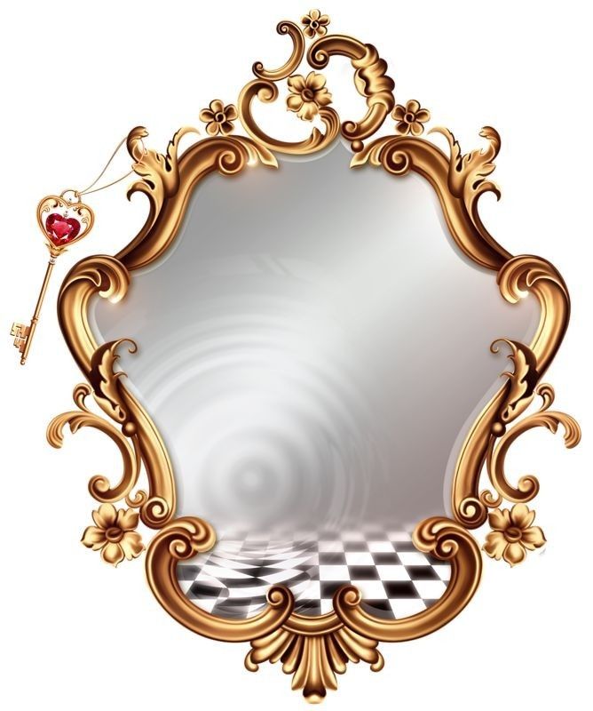 an ornate gold frame with a checkered floor and red heart hanging from the top