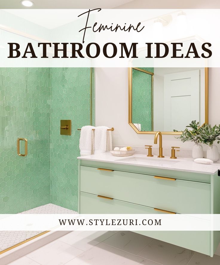 a bathroom with green tile and gold trim on the sink, mirror, and shower