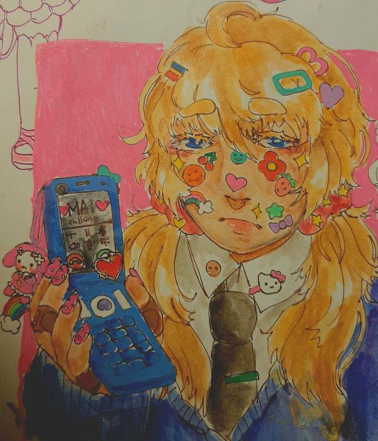 a drawing of a girl holding a cell phone in front of her face with hearts on her cheek