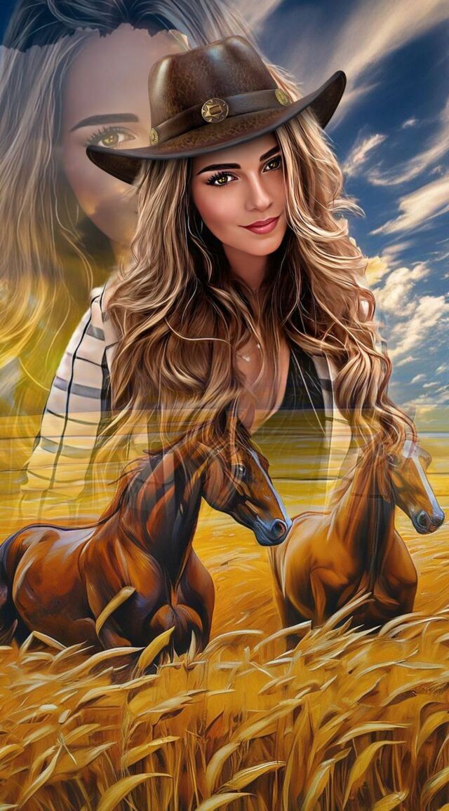 a woman in a cowboy hat standing next to two horses on a wheat field with the sky and clouds behind her