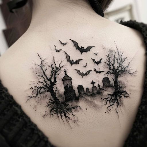 a woman's upper back tattoo with bats flying over the graveyard and cemetery trees