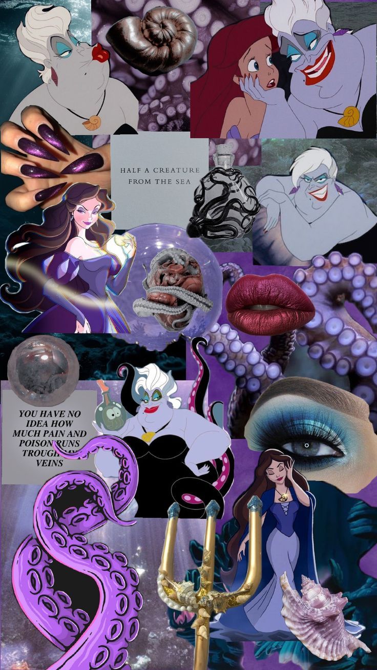 disney princesses collage with their names in purple and black, as well as the characters