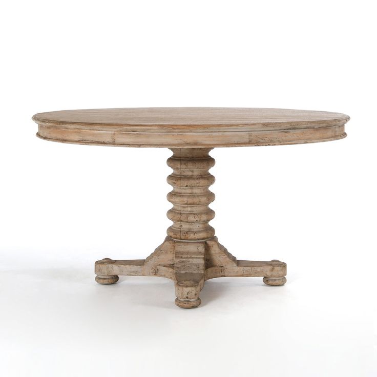 an old wooden table with four legs and a round top, on a white background