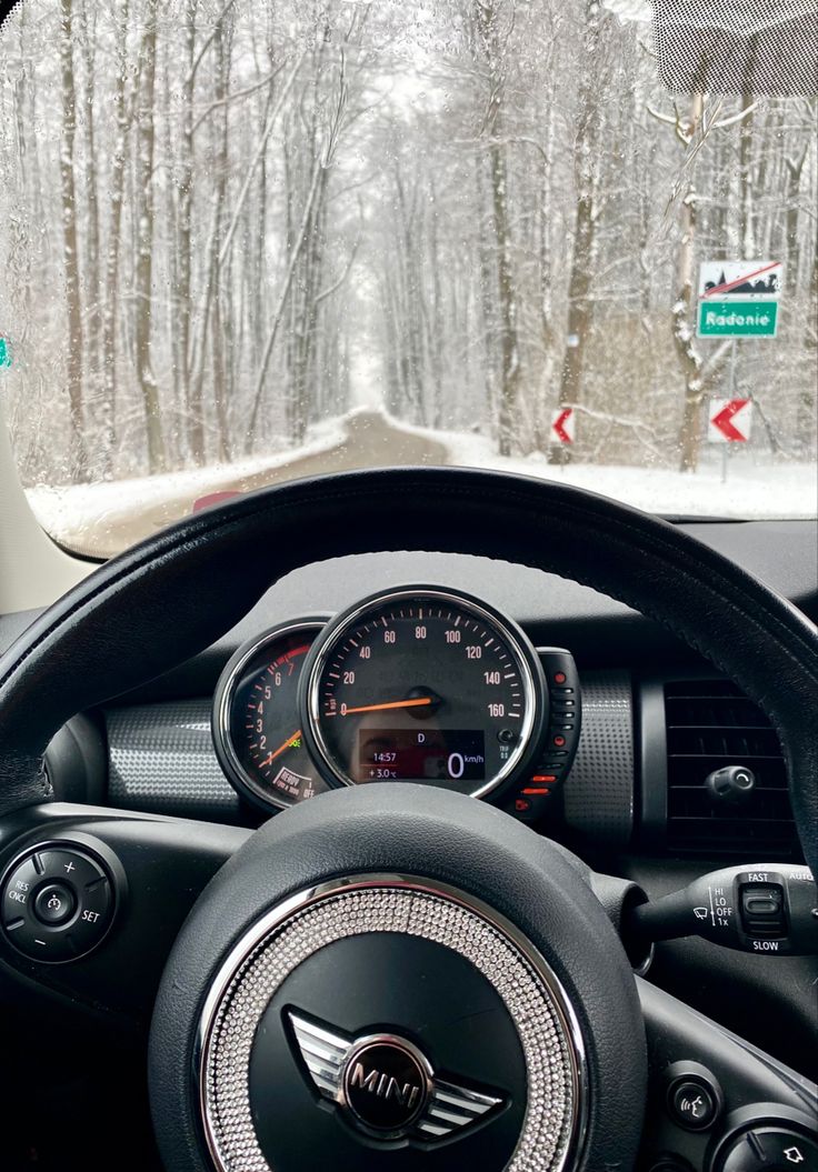 the steering wheel and dashboard of a car on a snowy road with trees in the background