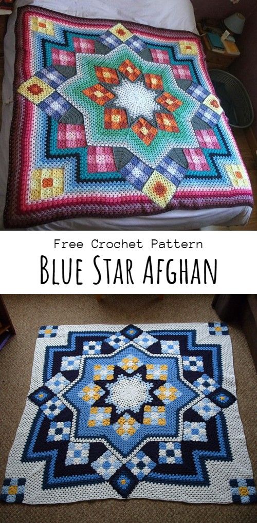 a crocheted blanket with the words blue star afghan on it and an image of a