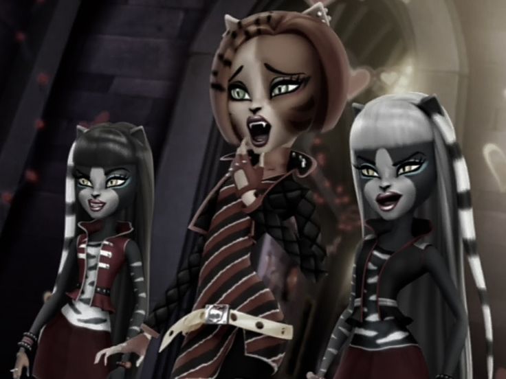 an animated image of three women dressed in black and white cat costumes with green eyes