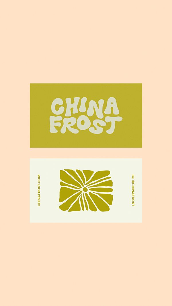 the logo for china frost is shown in white and green on a pink background with an orange stripe