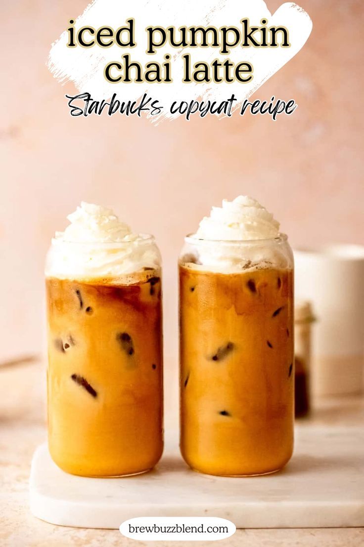 Two iced pumpkin chai lattes topped with whipped cream sitting on a marble slab. Pumpkin Chai Latte Starbucks, Flavored Latte Recipes, Pumpkin Chai Tea Latte, Iced Chai Latte Starbucks, Pumpkin Chai Latte Recipe, Chai Latte Starbucks, Pumpkin Chai Latte, Pumpkin Chai Tea, Iced Pumpkin Spice Latte