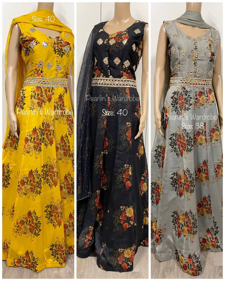 Designer Indian Floral Gowns Full length Floral Gowns Fine quality Georgette silk fabric with foil mirror work ans full lining inside. Chiffon Dupatta with highlighters. Heavy Can-Can to give enough volume to the dress. Designer back neck with tassels. *Size: Yellow and Black: 40* *Grey: 38* *Easily extendable upto Size 42* *Sleeves attached inside.* Floral Gowns, Womens Suits, Floral Gown, Chiffon Dupatta, Can Can, Dress Designer, Cotton Suits, Mirror Work, Yellow And Black