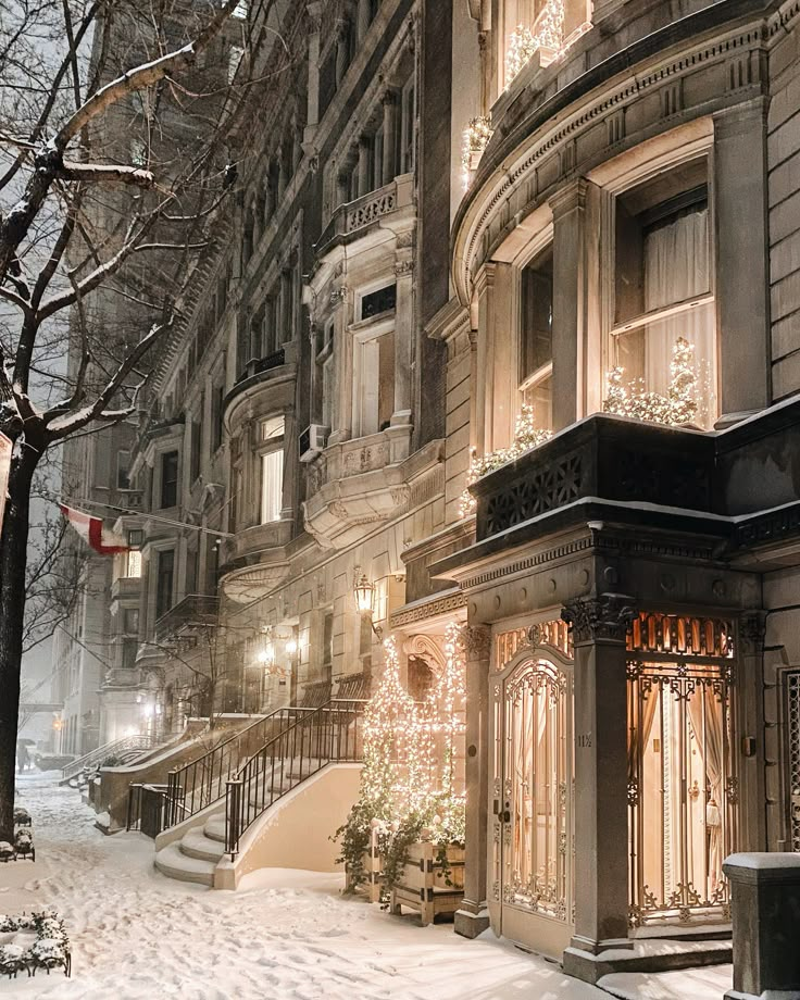 a building covered in christmas lights and snow