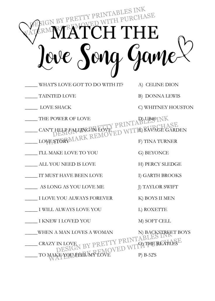 a printable love song game with the words match the love song in black and white