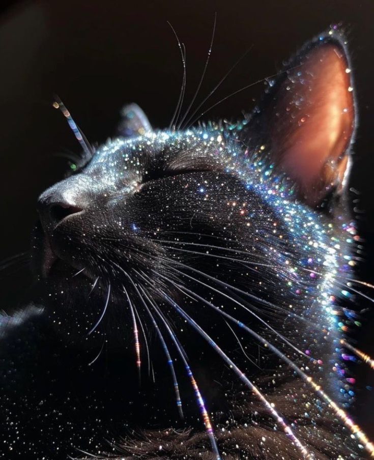 a black cat with its eyes closed and sparkling