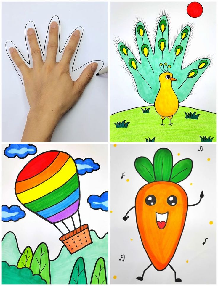 four different pictures with children's drawings and colored pencils on them, including a hand holding a balloon