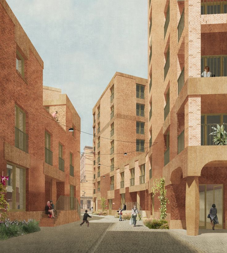 an artist's rendering of people walking on the street in front of brick buildings