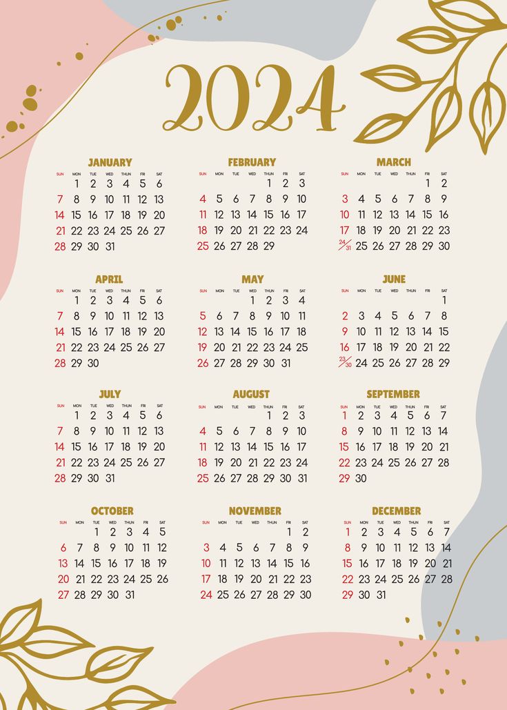 a calendar for the new year with gold leaves on pink and gray background, in english