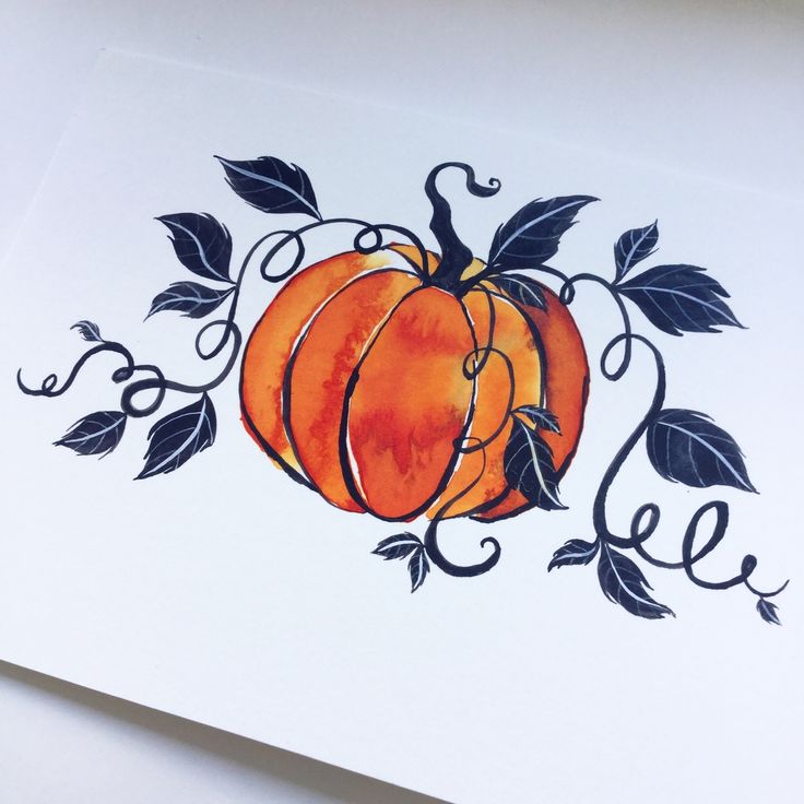 a drawing of a pumpkin with leaves on it