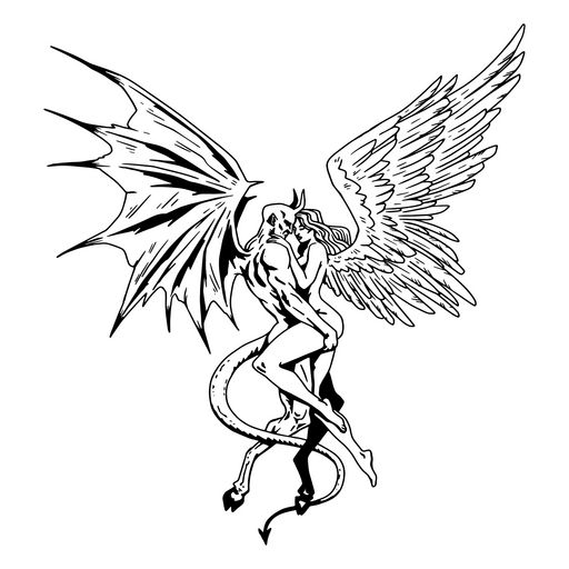 Angel and demon detalied couple PNG Design Angel And Devil On Shoulder, Angel And Demon Drawing, Demon And Angel Tattoo, Angel And Devil Art, Tattoo Png For Editing, Angel And Demon Art, Angel And Devil Drawing, Angel And Devil Tattoo Design, Angel Girl Tattoo