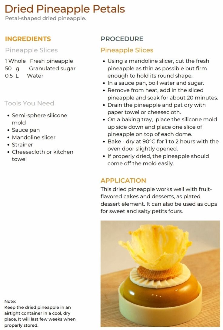 the recipe for pineapple petals is shown in this brochure, with instructions to make