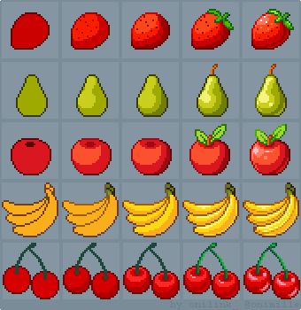 an old school computer game with fruits and vegetables on the screen, including bananas, apples,