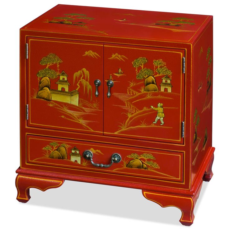 Magnificent and rich in red satin finish. Hand-painted scenery in gold Chinoiserie motifs accentuate the entire cabinet. Design continues on top and sides on the cabinet. One felt-lined drawer and two-door cabinet provide ample storage space. Perfect for great room or bedroom. Matching brassware. Fully assembled. Painted Scenery, Asian Cabinet, Chinoiserie Furniture, Red Chinoiserie, Chinoiserie Motifs, Asian Furniture, Style Nightstand, China Furniture, Design Lamp