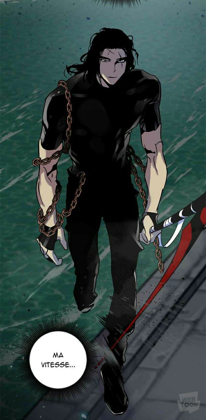 an anime character with long black hair and chains on his hands, walking in the rain