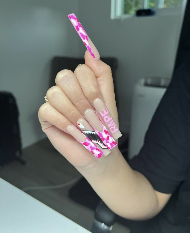 Thug Nails, Pink Bape Paintings, Red Bape Nails, Short Bape Nails, Bathing Ape Nails, Bape Inspired Nails, Pink Bape Nails, Bape Star Nails, Bape Nails Design