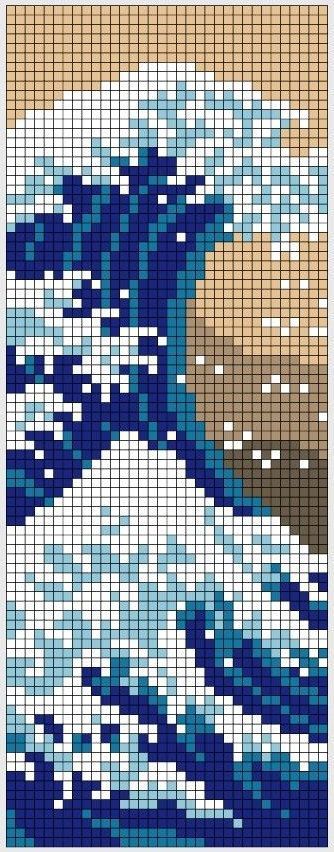 a cross stitch pattern with waves in blue and white on the bottom, as well as an image of a beach