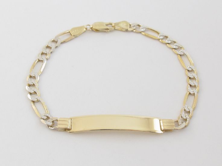 "Fabulous 14k Gold Figaro link ID bracelet For men and women in yellow and white gold!! Material: 14k gold , Not plated or filled Gold purity: 14k , Stamped Length: Available in 7\" and 8\" long Width: Little over 1/4\" or 7 mm wide On ID plate Length and avg weight: 7\"= 8.50 grams 8\"= 9.50 grams Clasp: Lobster clasp Complementary Gift Box Engraving is included for one name and a date on the back and a special character like a heart and a cross. Photos of the engravings in the listing is to sh Cross Photos, Engraving Fonts, Id Bracelets, Bracelet For Men, Special Characters, Chain Link Bracelet, New Yorker, Gold Material, Cable Chain