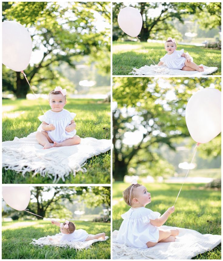 a collage of photos shows a baby sitting on a blanket with balloons in the air