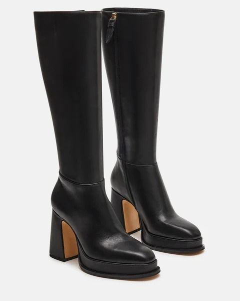 DEXTRA Black Leather Knee High Platform Boot | Women's Boots – Steve Madden Steve Madden High Boots, Black Boots Knee, Knee High Platform Boots, Buyable Pins, Platform Boots Women, Fall 23, Wardrobe Pieces, Tour Outfits, Steve Madden Boots