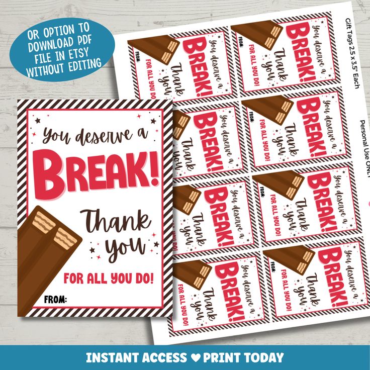 printable break thank card with chocolate bar on the front and back, for instant access or print today