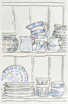 an ink drawing of pots and plates on a shelf