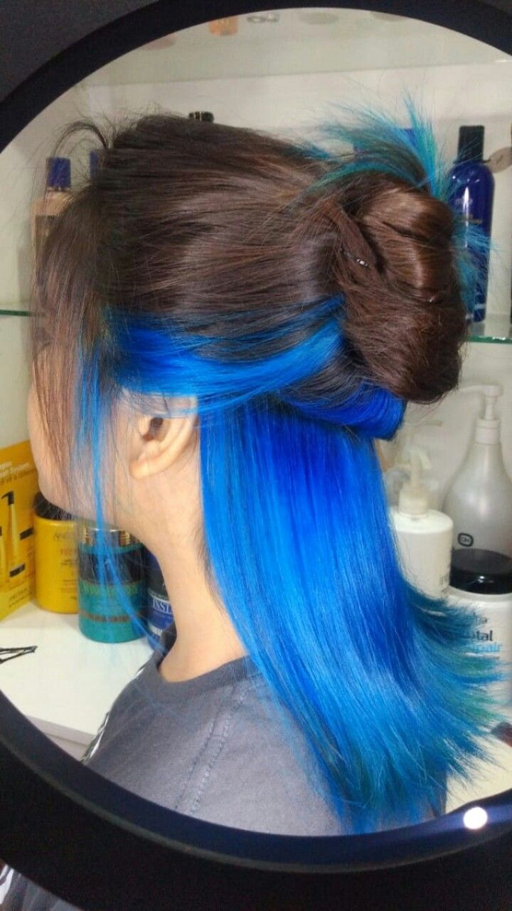 Half Blue Hair Underneath, Blue Hair Half Up Half Down, Blue Hair Bottom Half, Half Dyed Hair Underneath Blue, Blue Peak A Boo, Half And Half Hair Color Underneath, Hidden Hair Color Ideas, Blue Hair Underneath, Under Hair Color