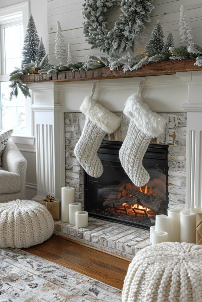 a fireplace with stockings and candles in front of it