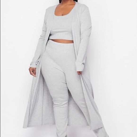 3pc Rib Knit Plus Size Set: Long Line Duster, Crop Top & Pants With Elastic Waistband. Color: Light Gray. Casual Fitted 3-piece Set, Chic Fitted Sets For Daywear, Casual Fitted Daywear Sets, Fitted Casual Daywear Sets, Casual Stretch Sets For Daywear, Fitted Long Sets For Fall, Plus Size Set, One Sleeve Dress, Maxi Cardigan