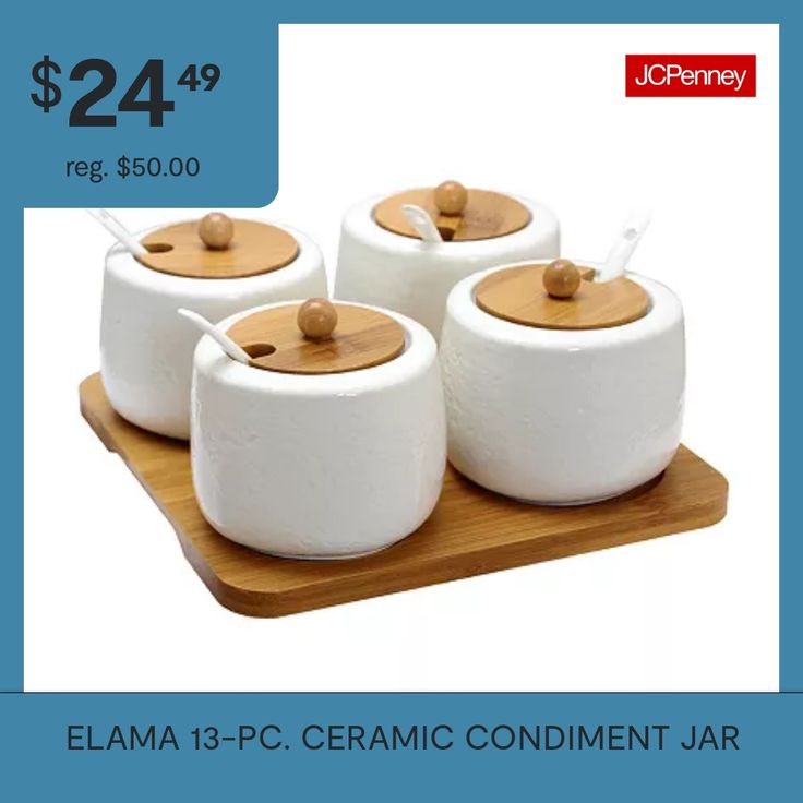 three white ceramic pots with wooden lids on a wood tray for $ 24 99 each