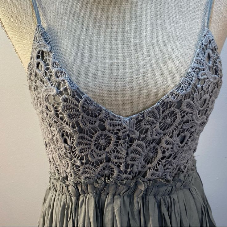 Stunning Out To Play Backless Maxi Dress Gray V-neck Mini Dress For Summer, Spring Lace Sundress Maxi Dress, Spring Lace Sundress Maxi, Gray Spaghetti Strap Dresses For Spring, Gray Spaghetti Strap Spring Dress, Gray Spaghetti Strap Summer Dress, Gray Summer Dresses With Spaghetti Straps, Lace Sundress Maxi For Brunch, Summer Lace Trim Midi Dress For Date Night