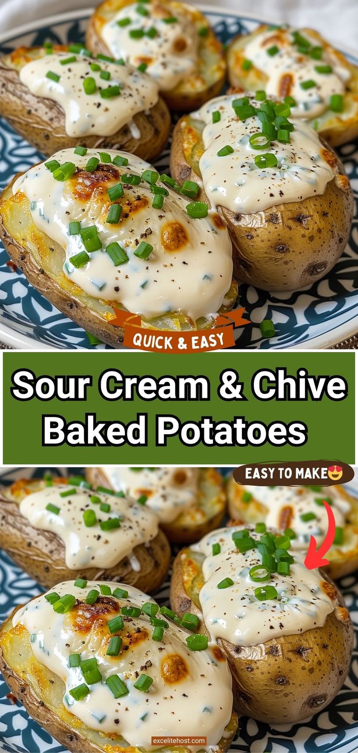 two plates filled with baked potatoes covered in cream and chives