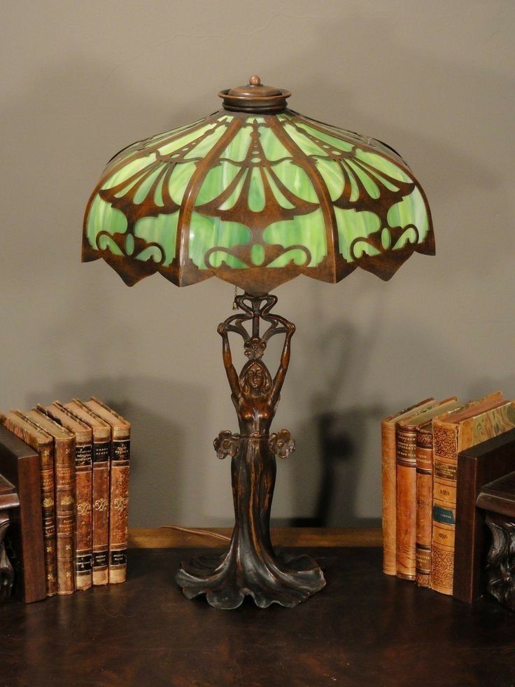 a lamp that is sitting on top of a table next to books and a book case